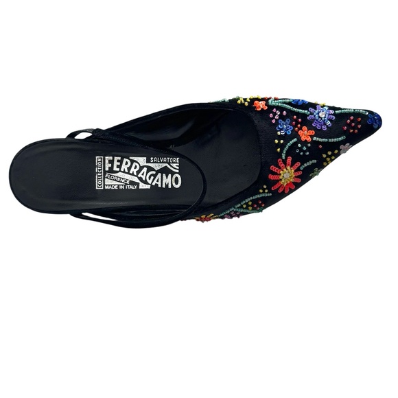 FERRAGAMO BLACK VELVET W MULTICOLOR FLORAL BEADED DESIGN KITTEN HEEL MULE - Picture 11 of 16